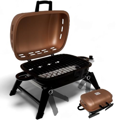 GasOne Tabletop Propane Grill – Portable Grill Propane with Heat Resistant Handles, Large Cooking Surface – User Friendly Temperature Control Knob Portable Gas Grill for RV, Camping, Home – Tan Brown