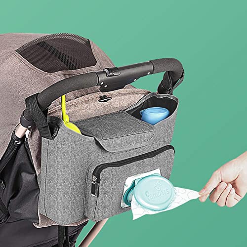 Lzellah Baby Stroller Organizer - Large Space, Multiple Pockets, 2 Cup Holders, Grey Oxford Cloth, Fits All Strollers