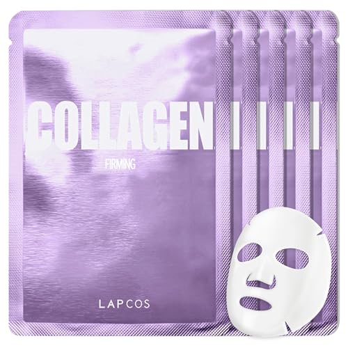 LAPCOS Collagen Sheet Mask, Firming Daily Face Mask with Collagen Peptides for Anti-Aging, Helps to Minimize Wrinkles, Restores Skin Elasticity & Firmness, Hydrating, Korean Beauty, 5-Pack