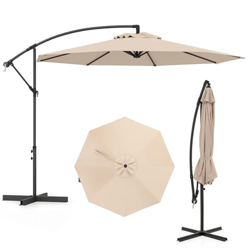 Tangkula 10 FT Patio Umbrella, Offset Cantilever Outdoor Umbrella with Cross Base, Crank, 8 Ribs, for Garden, Poolside and Backyard (Beige)