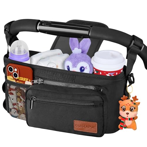 Guiseapue Universal Stroller Organizer with Cup Holder: Baby Travel Essential, Stroller Caddy with Shoulder Strap, Stroller Accessories Fit Uppababy, Baby Jogger Doona, Nuna, Britax, BOB Stroller