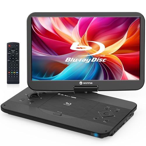 WONNIE 17.6' Portable Blu Ray Player with 15.4' 1080P Full HD Large Swivel Screen, Blu-ray DVD Player with HDMI Out & AV in, Built-in Rechargeable Battery, Support MP4, MKV Video & USB/SD Card