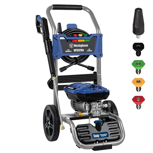 Westinghouse WPX3200e Electric Pressure Washer, 3200 PSI and 1.76 Max GPM, Induction Motor, Onboard Soap Tank, Spray Gun and Wand, 5 Nozzle Set, for Cars/Fences/Driveways/Homes/Patios/Furniture, Blue