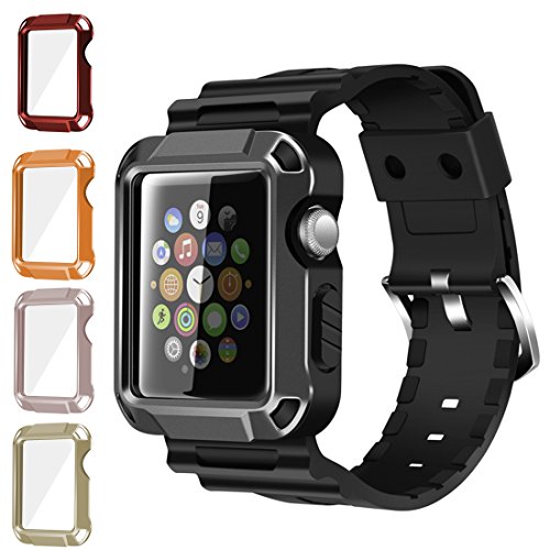 Apple Watch Case Series 3 Series 2 Series 1, iitee 5 in 1 Universal Full Armor Case and Band Strap with Screen Protector for Apple Watch (5 in 1-38mm)