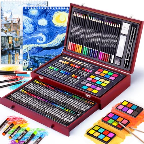 145 Piece Deluxe Art Set with 2 x 50 Sheet Drawing Pad, Art Supplies Wooden Art Box, Drawing Painting Kit with Crayons, Oil Pastels, Colored Pencils, Creative Gift Box for Adults Artist Beginners