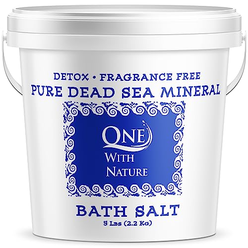 One With Nature 100% Pure Dead Sea Salt for Bath, 5lb Unscented. Dead Sea Salt is high in Essential Minerals, Such as Magnesium, Sulfur, Zinc, Potassium. Exfoliates, Nourishes Skin, Helps Restore pH