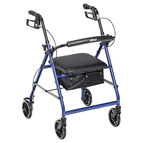 Drive Medical Aluminum Rollator Walker Fold Up and Removable Back Support, Padded Seat, 6' Wheels, Blue,R726BL