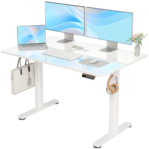 YDN Glass Standing Desk, 48 x 24 Inch Adjustable Desk Electric Height Desks Computer Workstation, Super White