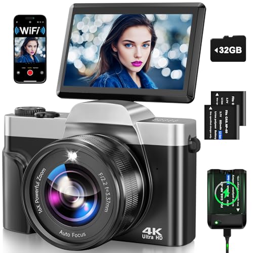 4K Digital Camera for Photography with WiFi, 2025 Latest Auto-Focus Vlogging Camera for YouTube Video 3'' 180° Flip Screen Travel Cameras 16X Zoom Anti-Shake 4K Cameras with SD Card, 2 Batteries