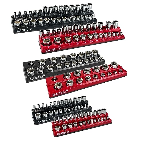 EACELIY 6-Piece Magnetic Socket Organizer Set, 1/2', 1/4' and 3/8' SAE & Metric Deep & Shallow Socket Holder Kit, holds 141 stanard Sockets, attaches to steel box/tool cart (sockets not included)