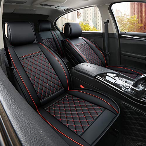INCH EMPIRE Easy to Clean Car Seat Cushions Synthetic Leather - Universal Fit Car Seat Cover for Corolla Cruze Legacy Malibu Maxima Tacoma (Black with Red Line Full Set)