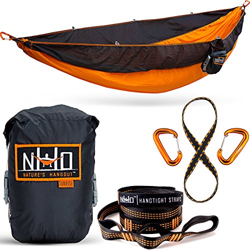 Double Camping Hammock - Portable Two Person Parachute Hammock for Outdoor Hanging. Heavy Duty & Lightweight, Best for Backpacking & Travel. Sunrise Edition (Orange/Black)