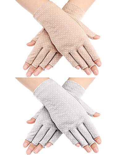Maxdot Sun Gloves for Women UV Protection Fingerless Non Slip Sunscreen Driving Gloves for Summer Outdoor(2 Pairs,Gray and Khaki)