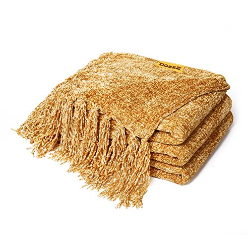 DOZZZ Fluffy Chenille Knitted Throw Blanket with Decorative Fringe for Home Décor Bed Sofa Couch Chair Gold