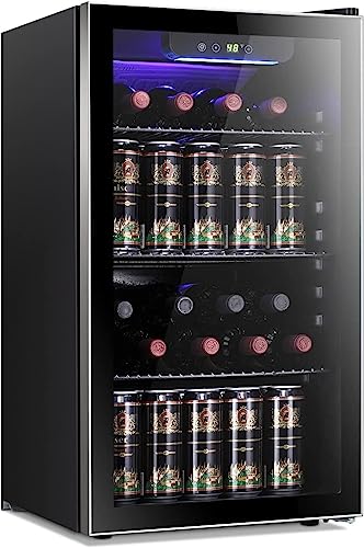 Antarctic Star 26 Bottle 130 Can Wine Cooler/Cabinet Beverage Refrigerator Mini Wine Cellar Beer Soda Clear Glass Door Bar Fridge Quiet Compressor Adjust Temp Freestanding Indoor Use 3.2cu.ft Black