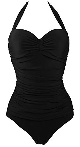 COCOSHIP 50s Solid Black Elegant Retro Vintage One Piece Swimwear Swimsuits M(US4)