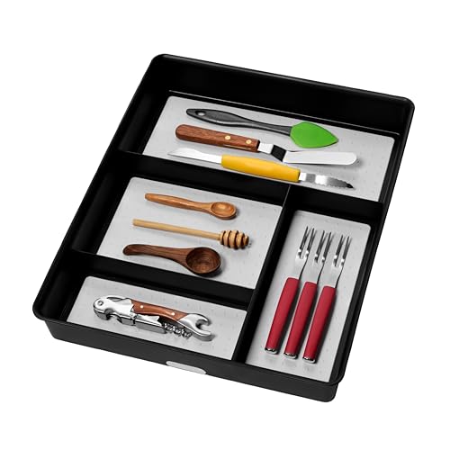 Madesmart Classic 4-Compartment Drawer Organizer Gadget Tray, Plastic Multipurpose Storage Bin for Drawers, Granite