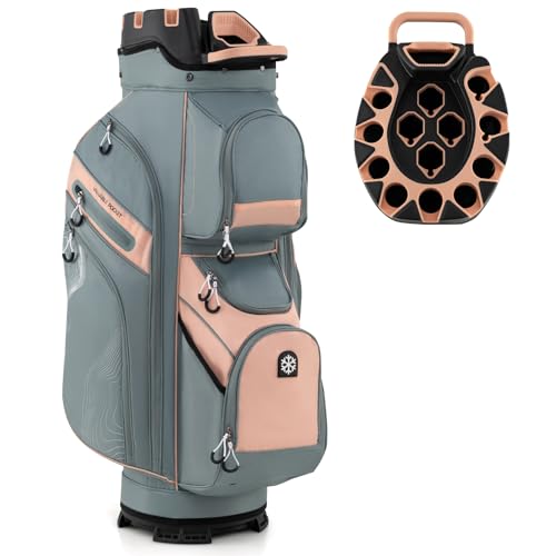 Goplus Lightweight Golf Cart Bag, Molded Lock Top Golf Club Bag w/14-Way Full Length Organizer Dividers, 111 Pockets, Cooler Bag, Straps, Umbrella Holder & Rain Hood for Men Women (Grey+Pink)