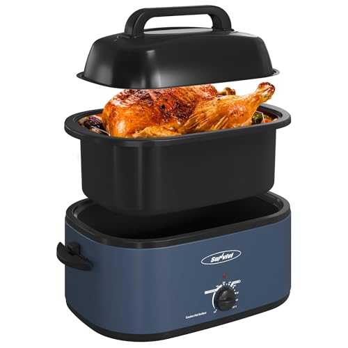 Sunvivi 22 Quart Electric Roaster Oven Turkey Roaster with Lid Electric Roasters with Removable Pan Large Roaster,Visible & Self-basting Lid, Fast Heating & Thaw/warming Setting,Dark Blue