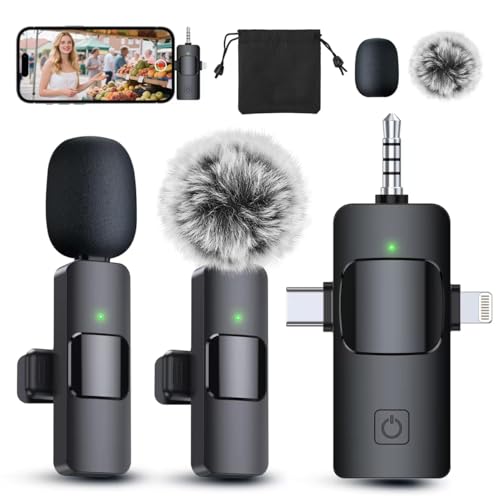 PQRQP 3 in 1 Professional Wireless Lavalier Microphone for iPhone, Android, Camera, Wireless Mini Microphones, Crystal Clear Sound Quality for Recording, Live Streaming, YouTube, TikTok, Elegant Black