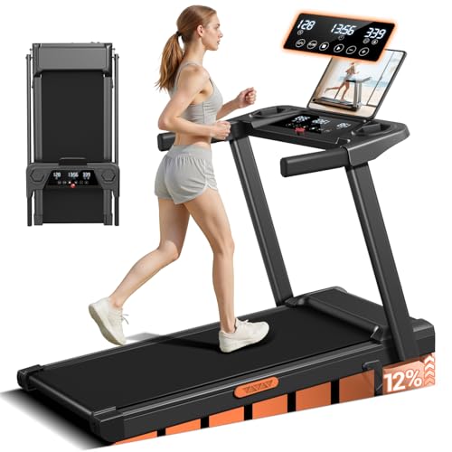 12% Incline Treadmill with Handle, 3-in-1 Portable Treadmills for Home and Office, Foldable Treadmills with 300 Lbs Weight Capacity, 3.0HP Quiet Walking Pad Treadmill, Three Touch Screen