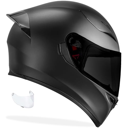 GDM GHOST Full Face Motorcycle Helmet - Matte Black, Large (Clear & Tinted Shields)