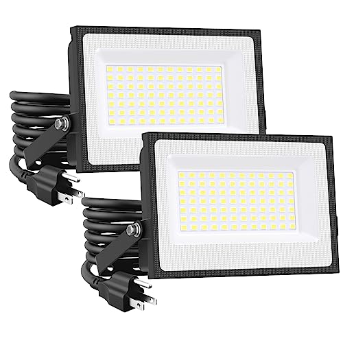 Onforu 80W Flood Lights Outdoor, 8000lm Bright LED Work Light with Plug, 6500K Daylight White LED Flood Lighting, IP66 Waterproof Security Yard Lights for Garage Stadium 2 Pack