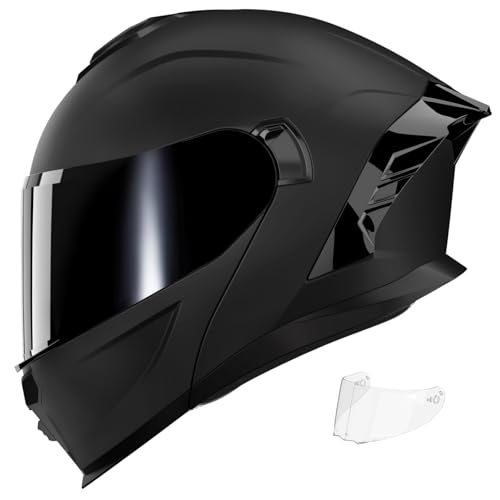 Motorcycle Helmet,Motorcycle Dual Visor Flip up Modular Full Face Helmet JR-815,DOT Approved Motorbike Helmet with 2 Visors for Adults Men Women(L,Matte Black-B)