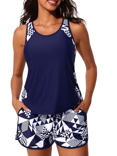 Summer Mae Blouson Tankini Swimsuits for Women 2025 Tummy Control Two Piece Bathing Suits with Sporty Pockets Swim Shorts Cube Size 12