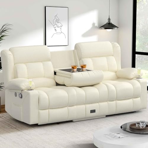 Dresegmt Loveseat Recliner Sofa, Flip Middle Backrest Design PU Leather 3 Seat Reclining Sofa with Storage Drawer, Manual Couch for Living Room (Ivory White, PU)