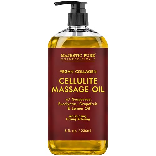 Majestic Pure Anti Cellulite Massage Oil for Massage Therapy - Refreshing, and Relaxing - Natural Oils with Vegan Collagen, Stem Cells & Cellulite Cream - All Skin Types - Men and Women - 8 fl oz