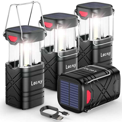 LETMY 4 Pack Camping Lantern, Rechargeable LED Lanterns, Solar Lantern Battery Powered Hurricane Lanterns Flashlight with 3 Powered Ways & USB Cable for Emergency, Power Outage, Hurricane Supplies