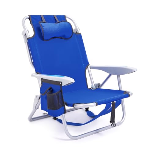 Canpsky Portable Beach Chair for Adults, Outdoor Camping Chair Lay Flat Folding Backpack Beach Reclining Chair with 5 Positions, Headrest, Zipper Pouch, Cup Holder, Blue