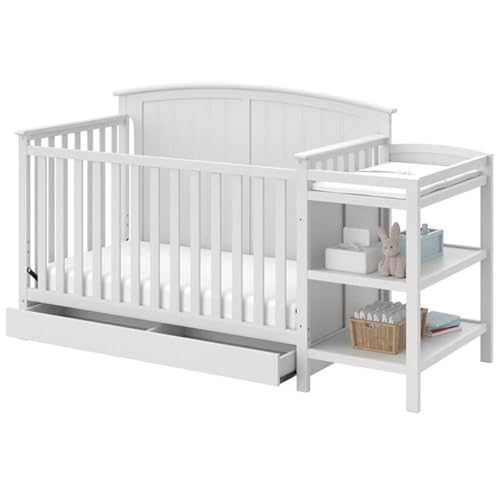 Storkcraft Steveston 5-in-1 Convertible Crib and Changer with Drawer (White) – GREENGUARD Gold Certified, Crib and Changing -Table Combo with Drawer, Converts to Toddler Bed, Daybed and Full-Size Bed