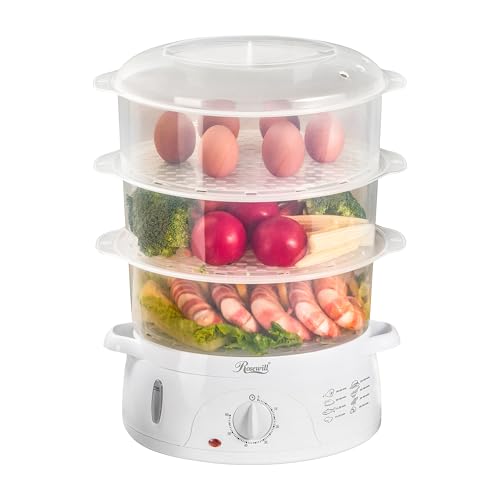 Rosewill Electric Food Steamer with 3 Tiers BPA-Free Stackable, Dishwasher Safe Baskets, 800W with fast steam heating within 40s, Auto shut-off and 60-min timer, 9.5 Quarts Capacity, White