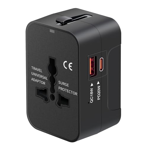 Travel Adapter with USB C, Universal All in One Worldwide Travel Adapter Power Converters Wall Charger AC Power Plug Adapter USB Type C Charging Ports for USA EU UK AUS Black
