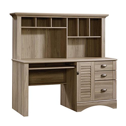 Sauder Harbor View Home Office Computer Desk with Hutch, Keyboard Tray, in Salt Oak finish