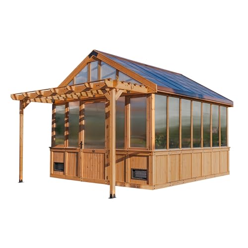 Backyard Discovery Bellerose XL 13' x 11' Cedar Wood and Polycarbonate Walk-in Greenhouse Kit with Pergola, Exhaust Fan, Windows, Hose Hook-Ups, PowerPort, Staging Shelves for Outdoor Gardening