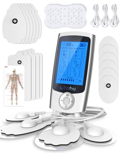 Ohuhu Tens Unit Muscle Stimulator: 24 Modes Rechargeable Tens Stimulator Machine-16 Pads Electric EMS Unit Massager Acupoint Map Included for Back Shoulder Legs Pain Relief Mother Father Gift-Silver