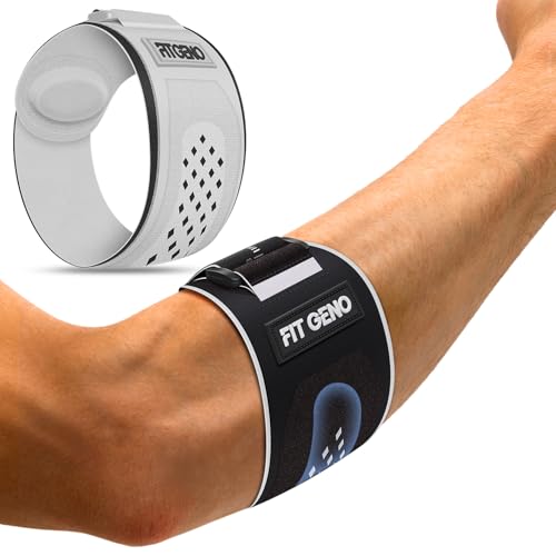 Fit Geno Elbow Brace for Tennis & Golfer's Elbow: Adjustable Elbow Strap for Tendonitis Pain Relief with Compression Pad - Support for Sports Men and Women - Forearm 10''-15.5'', 1 Pack