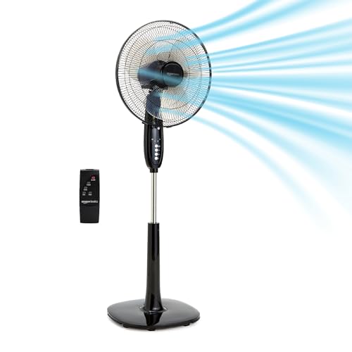 Amazon Basics 16' Pedestal Fan with Remote, Floor Fan, Standing Fan for Bedroom, Living Room, Office, with 3 Speeds, 3 Modes, Timer, Dual-Layered Blades, Adjustable Height, Tilt Head, 60W, Black