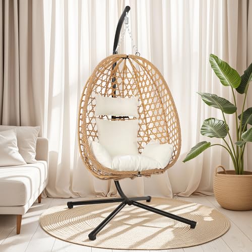 LEX CRAFT Egg Chair with Stand, Patio Wicker Hanging Chair, Hammock Swing Chair, 350LBS Capacity for Bedroom, Balcony, Garden (YE-BE)