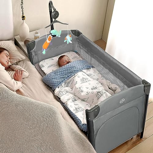 JOYMOR Baby Bedside Bassinet, Baby Bassinet, Pack n Play Convert Playpen, Quick Foldable Travel Bed with Wheels & Brake, Carry Bag for Boys Girls (Gray)