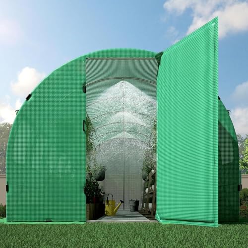 HOWE 26x10x7FT Heavy Duty Tunnel Greenhouse Kit with Watering System, Upgraded Swing Door Outdoors Greenhouse with Galvanized Steel Frame Film Clips & Ground Pegs, Green