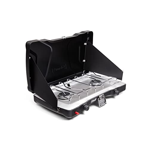 Coleman Triton+ 2-Burner Propane Camping Stove with InstaStart Ignition, Portable Camping Cooktop with 2 Adjustable Burners & Wind Guards, 22,000 BTUs of Power for Camping, Tailgating, Grilling