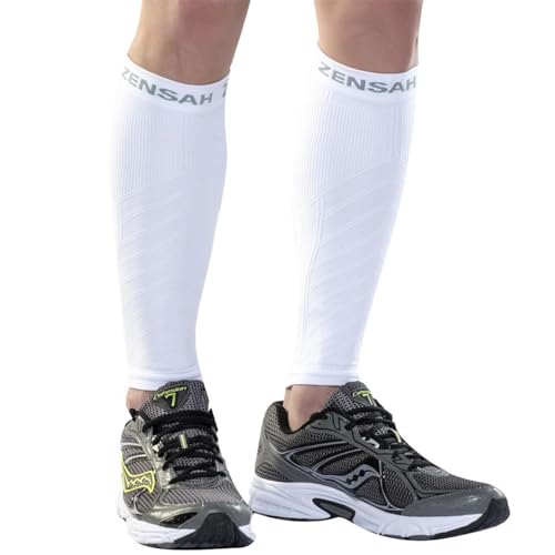 Zensah Running Leg Compression Sleeves - Shin Splint, Calf Compression Sleeve Men and Women (White, Small/Medium)