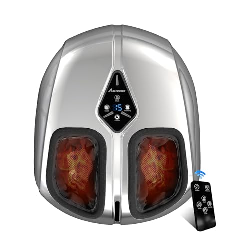 ALLYOUGER Shiatsu Foot Massager with Heat,Vibration,Air Compression and Deep Kneading for Plantar Fasciitis, Neuropathy,Improve Foot Wellness,Gifts for Women & Men（Silver）