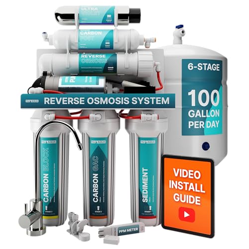 NU Aqua 6-Stage UV Under Sink Reverse Osmosis Water Filter System - Booster Pump - 100 GPD RO Filtration w/Faucet & Tank - UV - 100GPD Undersink - Home & Kitchen Drinking Purifier