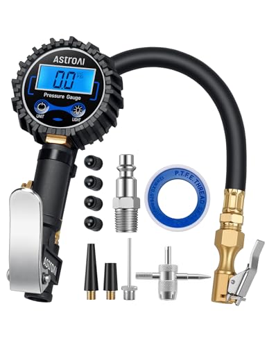 AstroAI Digital Tire Pressure Gauge with Inflator(3-250 PSI 0.1 for Display Resolution), Heavy Duty Air Chuck and Compressor Accessories with Rubber Hose and Quick Connect Coupler, Blue