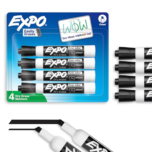 EXPO Dry Erase Markers, Low Odor Ink, Black, Chisel Tip, 4 Count - Easily Erases, Vibrant Ink, Ideal for Classroom, Back to School Supplies, Teachers, Office, Whiteboard & Home